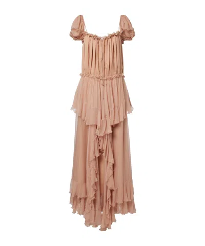 Chloé Pleated Silk Dress In Brown