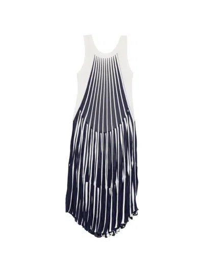 Pre-owned Chloé Pleated Striped Asymmetric Dress In White