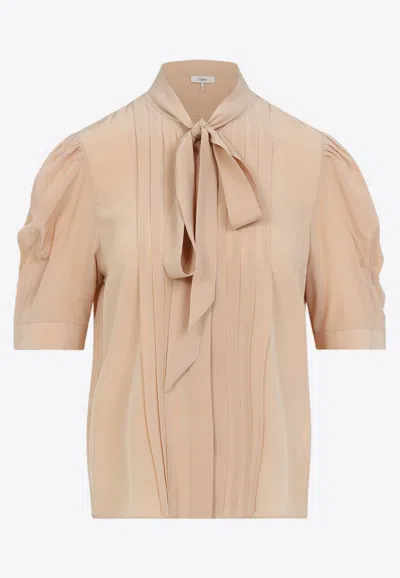 Chloé Pleated Yoke Silk Blouse In Beige