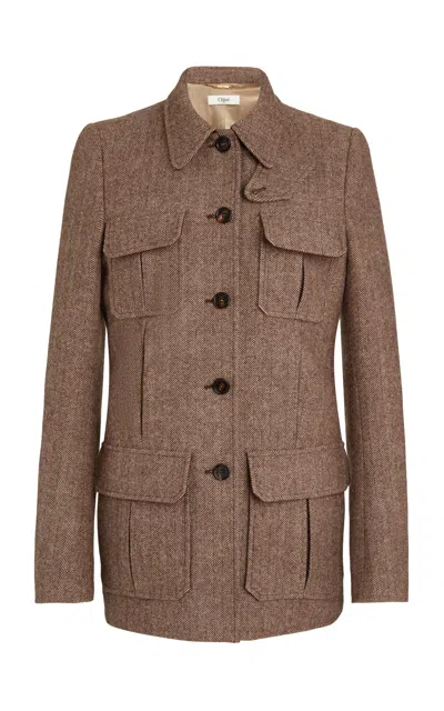 Chloé Pocket-detailed Herringbone Wool Jacket In Brown