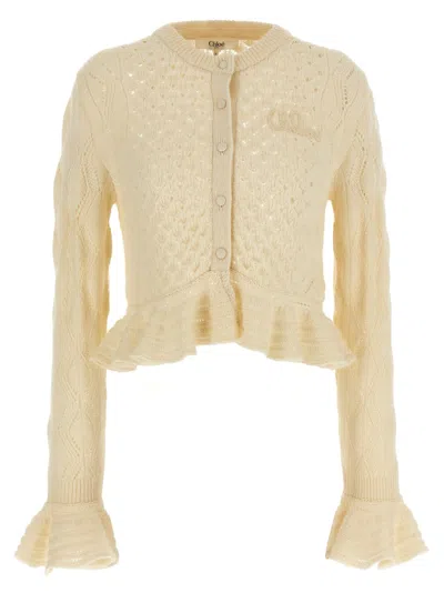 Chloé Pointelle Knit Cardigan With Ruffled Hem
