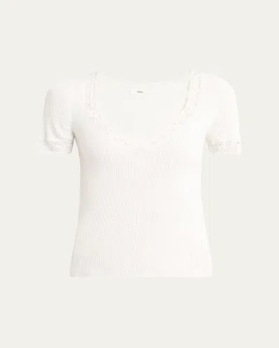 Chloé Pointelle Knit Wool Top In White