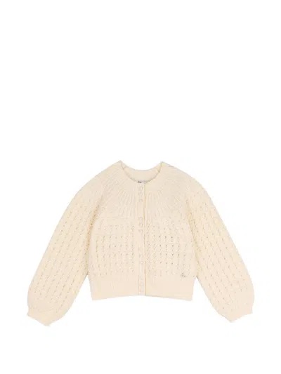 Chloé Kids' Pointelle-knit Ribbed-trim Cardigan In Neutral