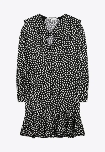 Chloé Dots-print Silk Jacquard Capelet Long-sleeve Mini Dress In Black