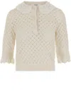 Chloé Polo Shirt With Lace Collar And Perforated Design In White