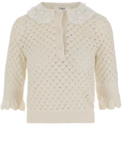 Chloé Polo Shirt With Lace Collar And Perforated Design In White