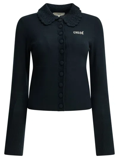 Chloé Logo Polo Knit Top Long Sleeves In Black