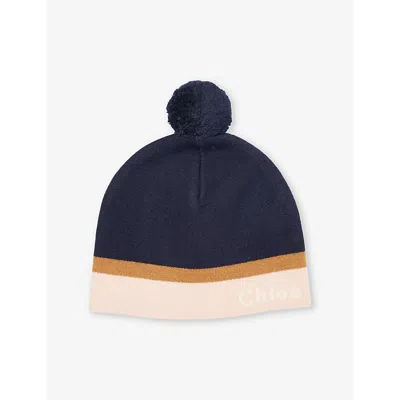 Chloé Kids' Cotton-wool Logo Beanie In Navy