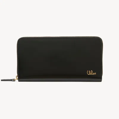 Chloé Portefeuille Long Zippé  Iconic En Cuir Brillant Femme Noir Taille Onesize 100% Cuir De Veau In Black