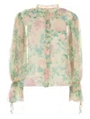 Chloé Floral Silk Balloon-sleeve Button-down Top In Neutrals