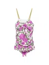 Chloé Bow-detailed Ruched Lace-trimmed Floral-print Swimsuit In Purple