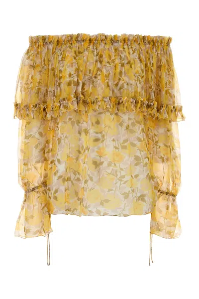 Chloé Crepe Blouse Floral Motif Long Sleeves Ruffles In Orange