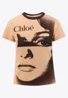 Chloé Multicolor Crewneck T-shirt With Maxi Graphic Print On The Front In Wool Blend Woman In Orange