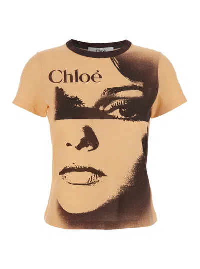 CHLOÉ CHLOÉ MULTICOLOR CREWNECK T-SHIRT WITH MAXI GRAPHIC PRINT ON THE FRONT IN WOOL BLEND WOMAN
