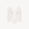 Chloé Puff-sleeve Bodysuit In Shiny Stretch Jersey & Lace White Size 4 100% Polyester, Viscose, Polyamide, In White