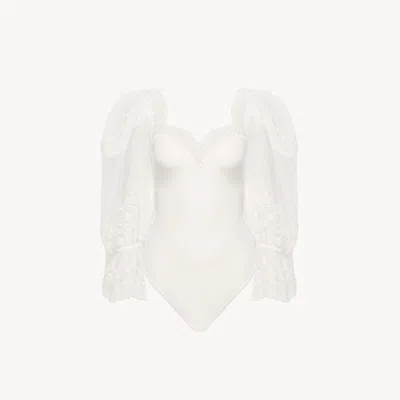 Chloé Puff-sleeve Bodysuit In Shiny Stretch Jersey & Lace White Size 4 100% Polyester, Viscose, Polyamide,