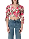 Chloé Floral Cotton Puff-sleeve Button-front Crop Top In Pink