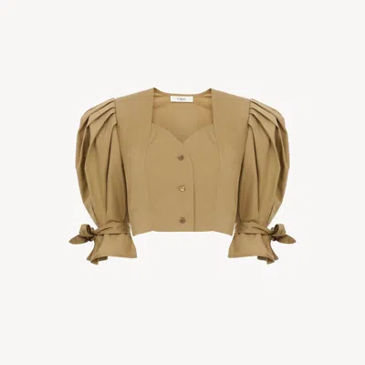 Chloé Puff-sleeve Cropped Top In Cotton Poplin In Green