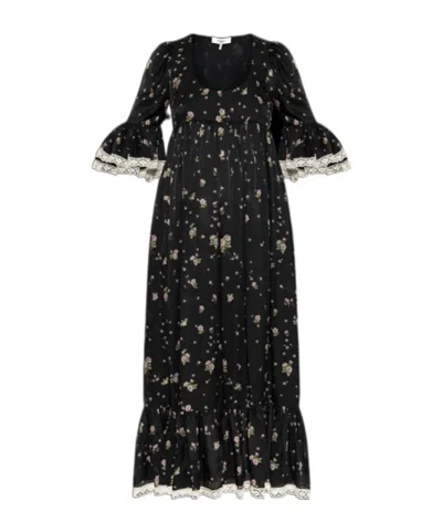 Chloé Lace-trimmed Gathered Floral-print Silk-charmeuse Midi Dress In Black