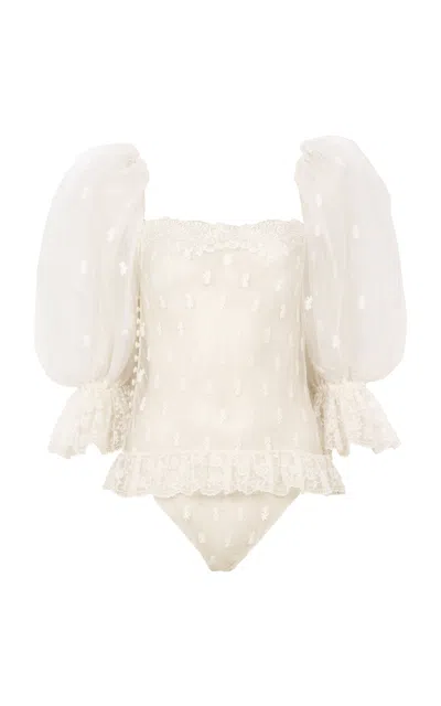 Chloé Puff-sleeve Embroidered Lace Bodysuit In White