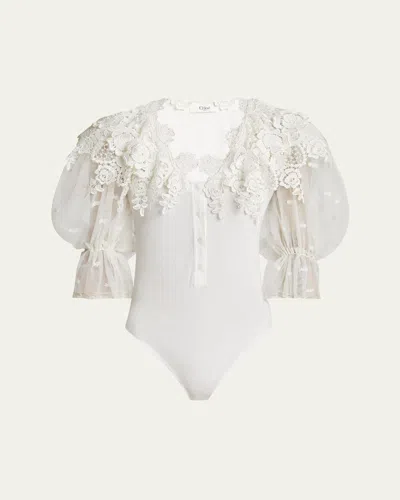 Chloé Puff-sleeve Guipure Lace Bodysuit