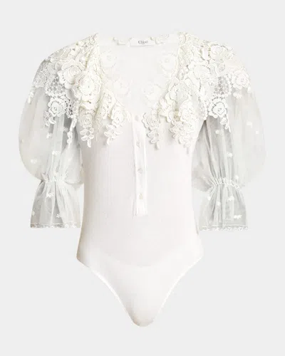 Chloé Puff-sleeve Guipure Lace Bodysuit