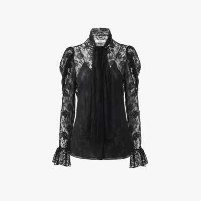 Chloé Puff-sleeve Lavallière Top In Floral Lace Jacquard In Black