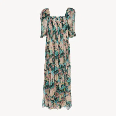 CHLOÉ PUFF-SLEEVE LONG DRESS IN SILK MOUSSELINE BLUE SIZE 8 100% SILK