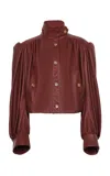 Chloé Puff-sleeve Plonge Leather Cropped Jacket In Burgundy