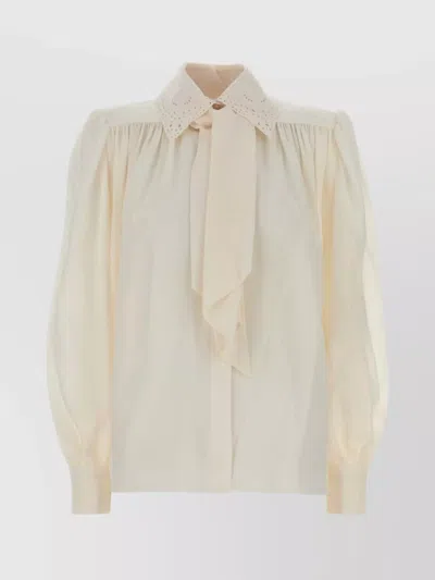 Chloé Puff Sleeve Shirt With Embroidered Collar And Tie In Neutral