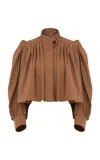 Chloé Puff-sleeve Slubbed Organic Cotton Cropped Jacket In Brown