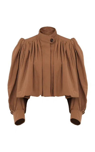 Chloé Puff-sleeve Slubbed Organic Cotton Cropped Jacket In Brown