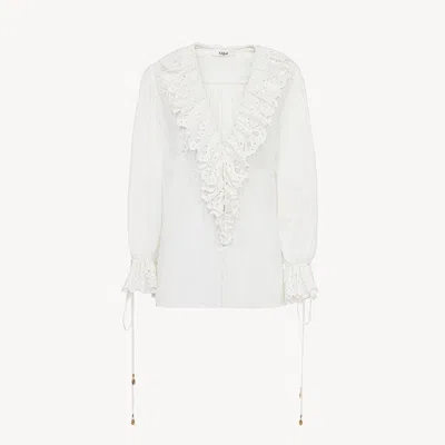 Chloé Puff-sleeve V-neck Top In Cotton Voile In White