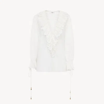 CHLOÉ TOP COL V MANCHES BOUFFANTES EN VOILE DE COTON FEMME BLANC TAILLE 38 100% COTON, PINCTADA MAXIMA, FA