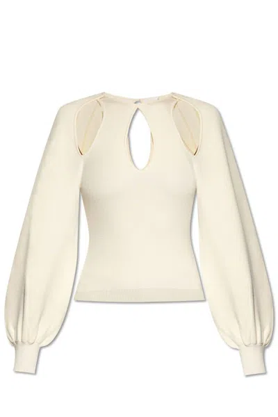 Chloé Puff-sleeved Cut-out Knit Top In Iconic Milk