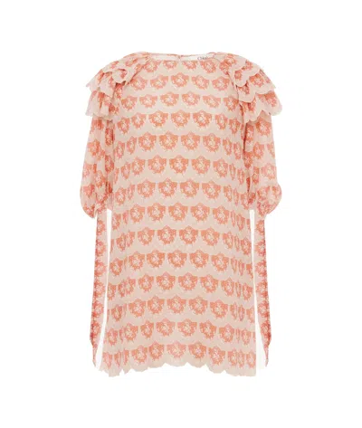 Chloé Floral Ruffled Scallop Silk Mini Dress In Pink