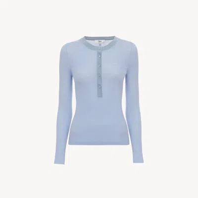 CHLOÉ KNITTED HENLEY SHIRT IN SUPERFINE WOOL KNIT BLUE SIZE M 100% WOOL, PINCTADA MAXIMA, FARMED, COO AUST