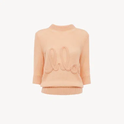 Chloé Pull Manches Coude En Maille De Laine Alpaga Et Soie À Logo In Neutral