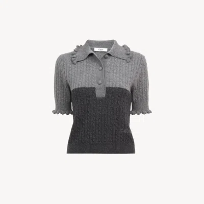 Chloé Pull Polo Manches Courtes En Maille De Laine Et Cachemire In Gray