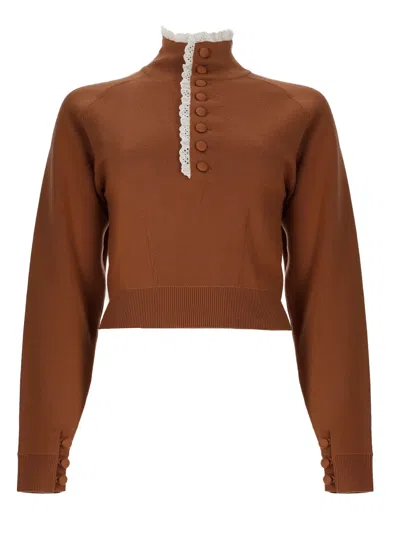Chloé Pullover A Collo Alto In Maglia Di Lana E Pizzo In Brown