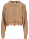 Chloé Pullover Corto Con Collo A Lupetto In Maglia Di Lana E Cashmere Con Pizzo In Brown