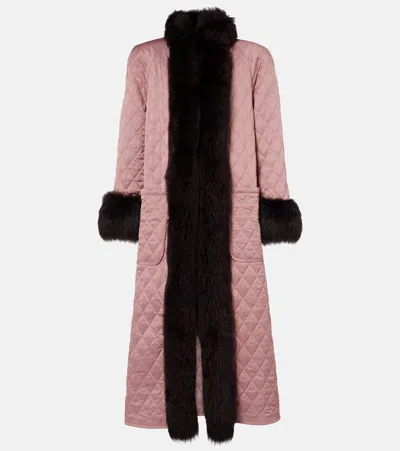 Chloé Diamond Quilted Longline Coat With Genuine Shearling Trim In Pink