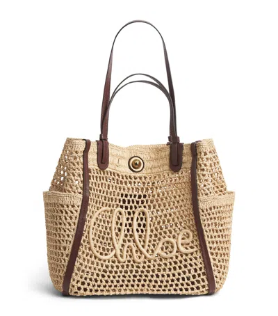 Chloé Raffia Iconic Logo Tote Bag In Beige