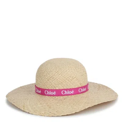 Chloé Chloe Raffia Logo-print Wide Brim Sun Hat In Pink