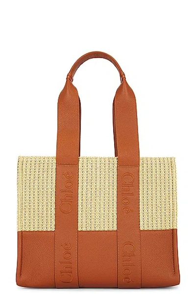 Chloé Raffia Woody Tote Bag In Brown