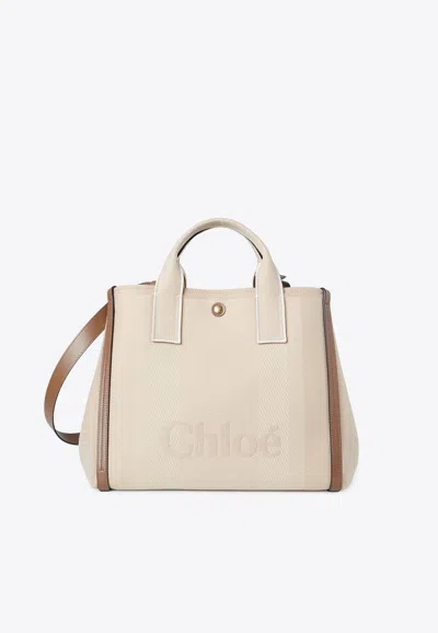 Chloé Raised Logo Canvas Tote Bag In Beige