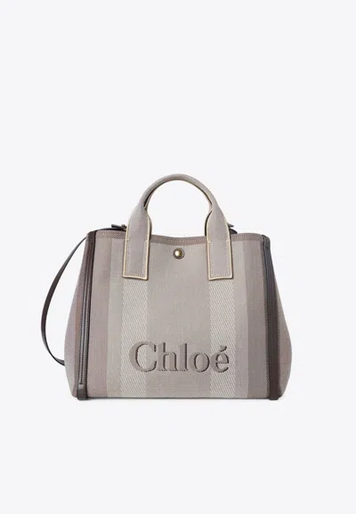 Chloé Raised Logo Canvas Tote Bag In Brown