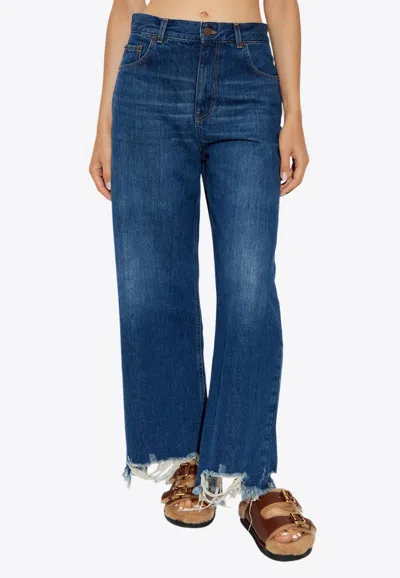 Chloé High Waist Wide-leg Cropped Jeans With Raw Hem In Night Blue