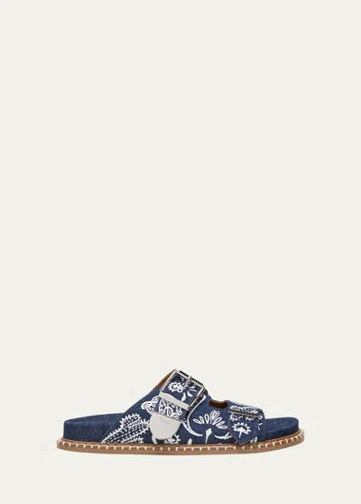 CHLOÉ REBECCA EMBROIDERED DENIM BUCKLE SLIDE SANDALS