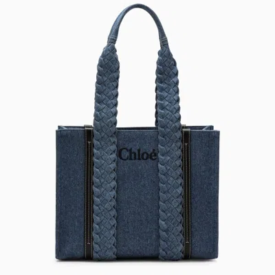 Chloé Recycled Cotton Denim Tote Handbag With Leather Detailing And Woven Handle In Blue